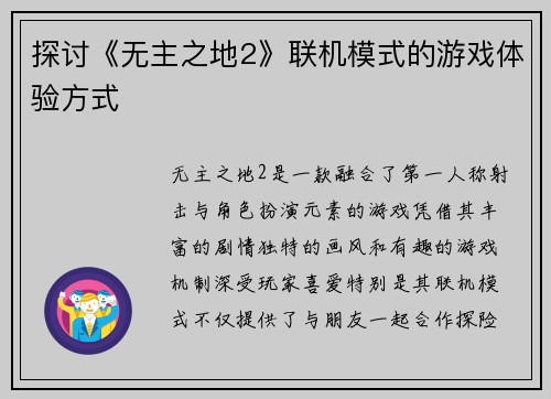 探讨《无主之地2》联机模式的游戏体验方式