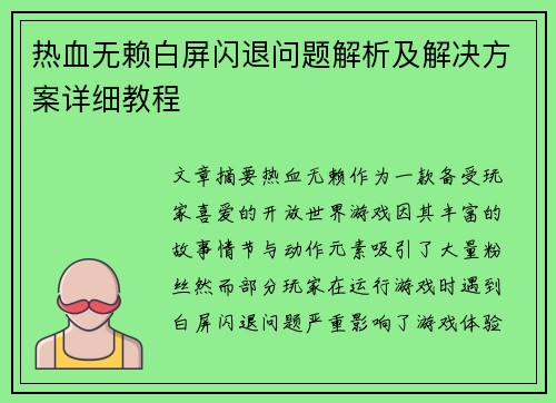 热血无赖白屏闪退问题解析及解决方案详细教程